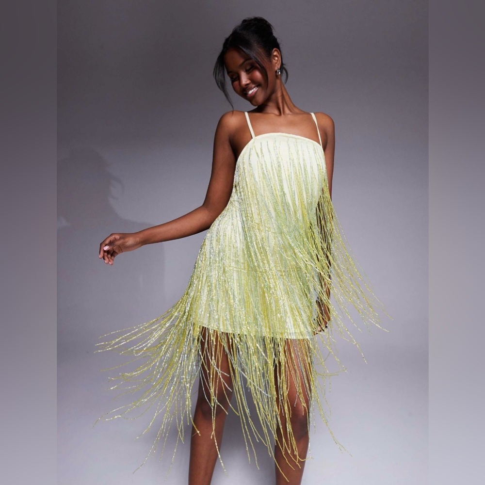 NWT ASOS DESIGN Beaded Fringe Mini Cami Dress in Pale Yellow